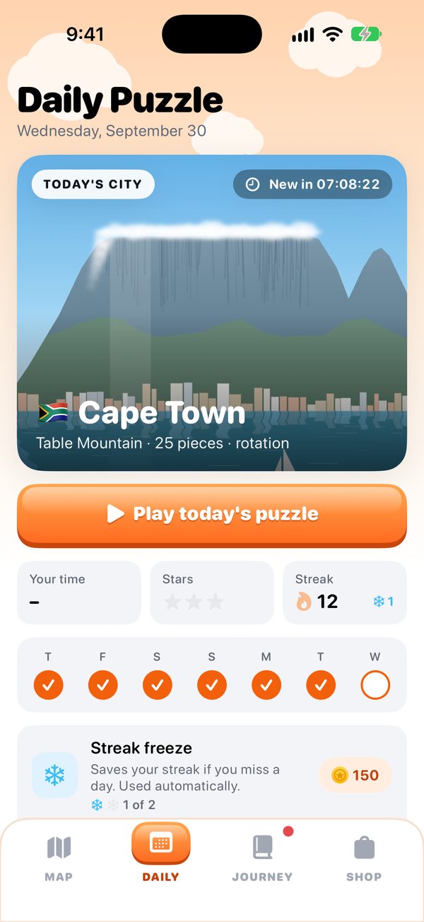 The Daily Puzzle screen with Cape Town as today's city