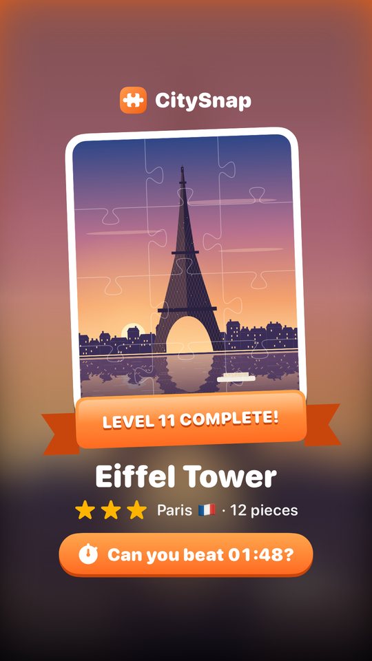 Story card: Eiffel Tower, level 11 complete, three stars